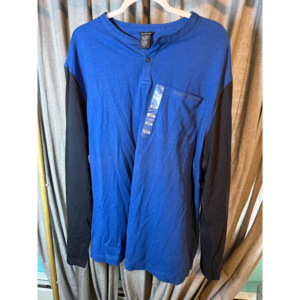 Calvin Klein Jeans Men XXL Blue Black Colorblock Long Sleeve Henley Shirt Pocket